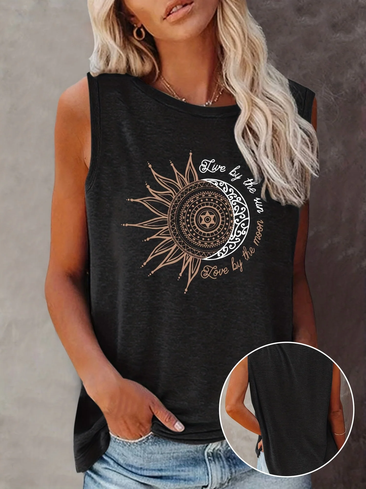 Damen Tanktop Boho-Stil mit Sonne und Mond Print – Sommer Freizeitshirt