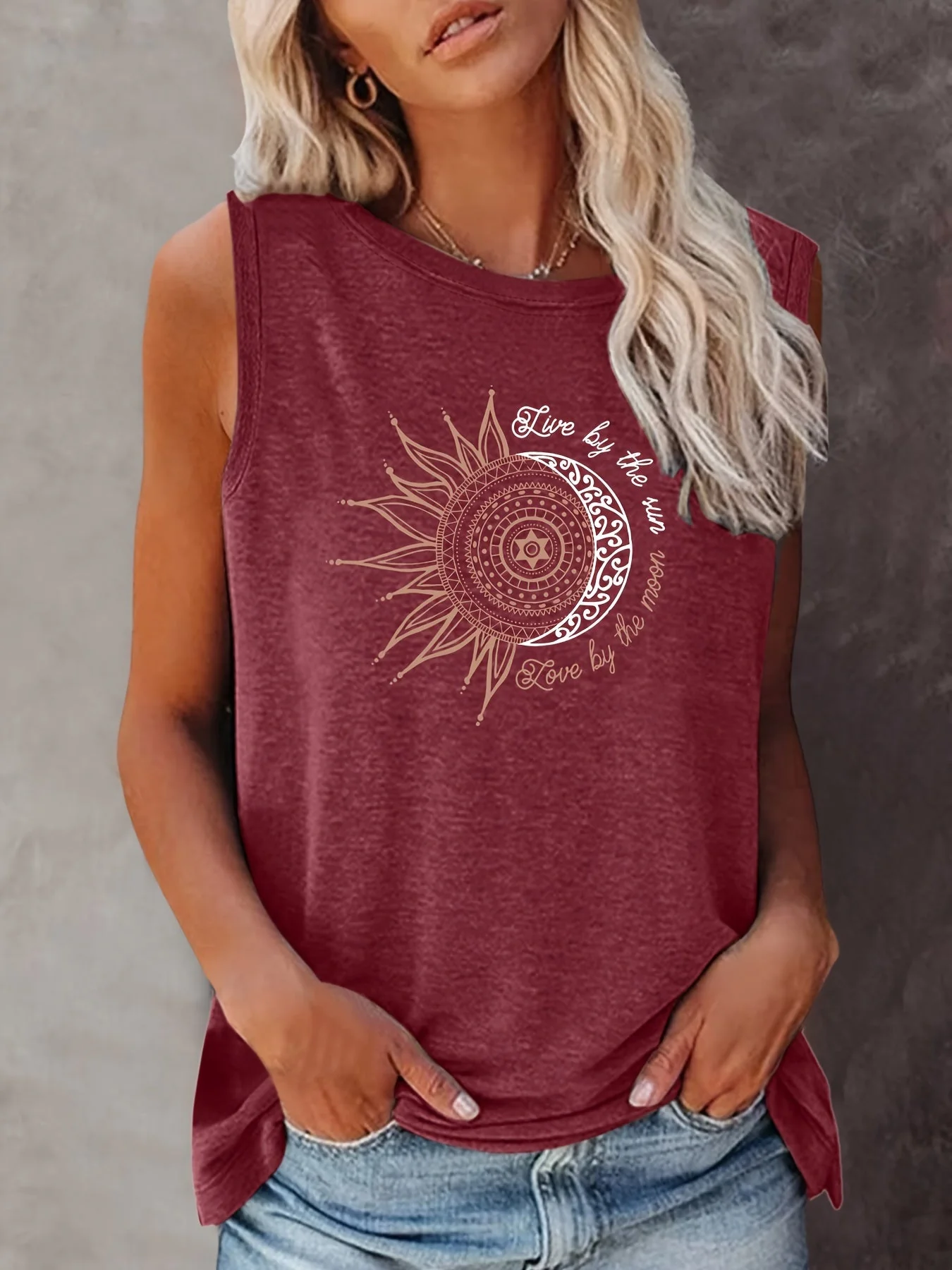 Damen Tanktop Boho-Stil mit Sonne und Mond Print – Sommer Freizeitshirt - Image 2