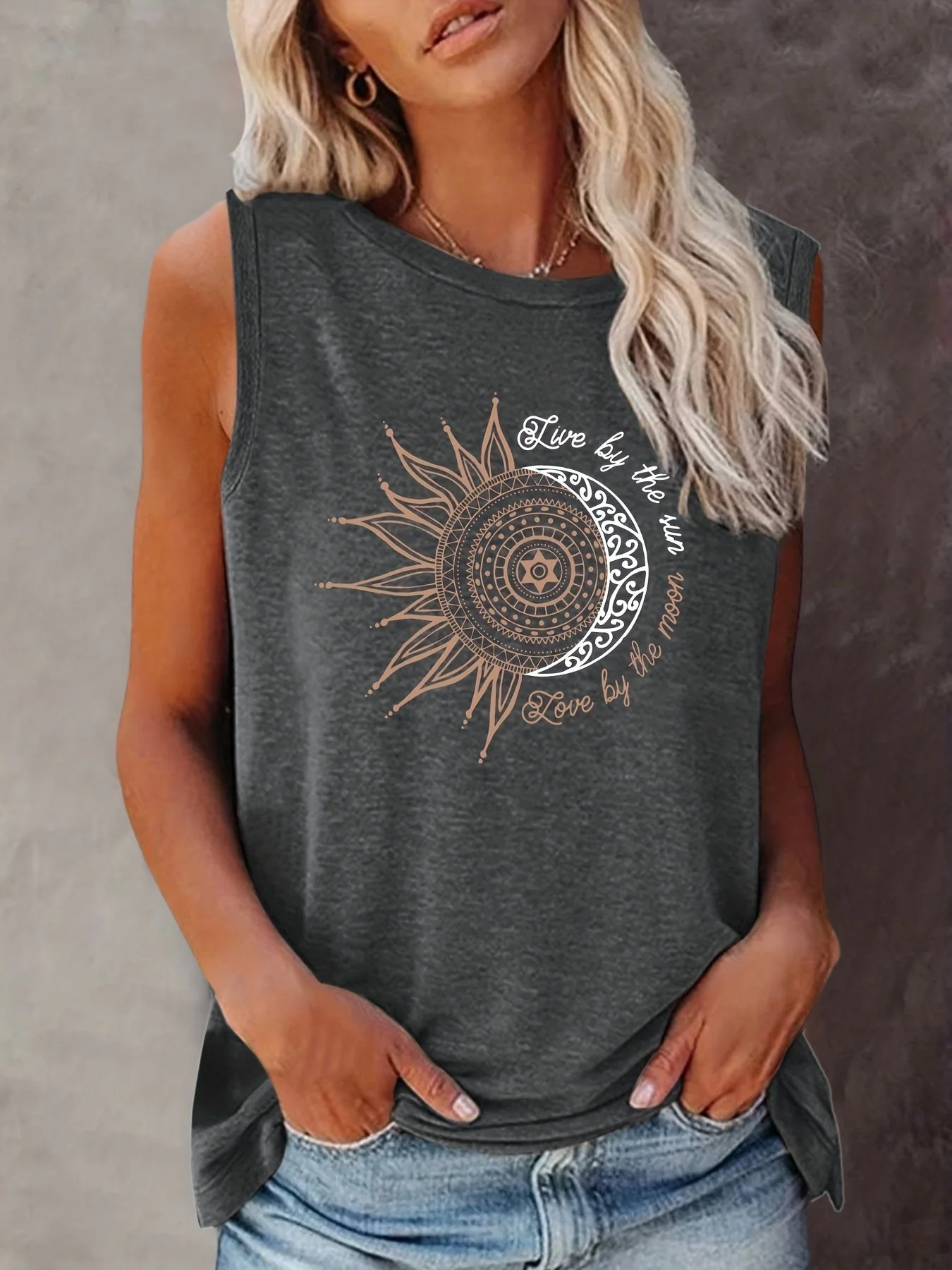 Damen Tanktop Boho-Stil mit Sonne und Mond Print – Sommer Freizeitshirt - Image 3