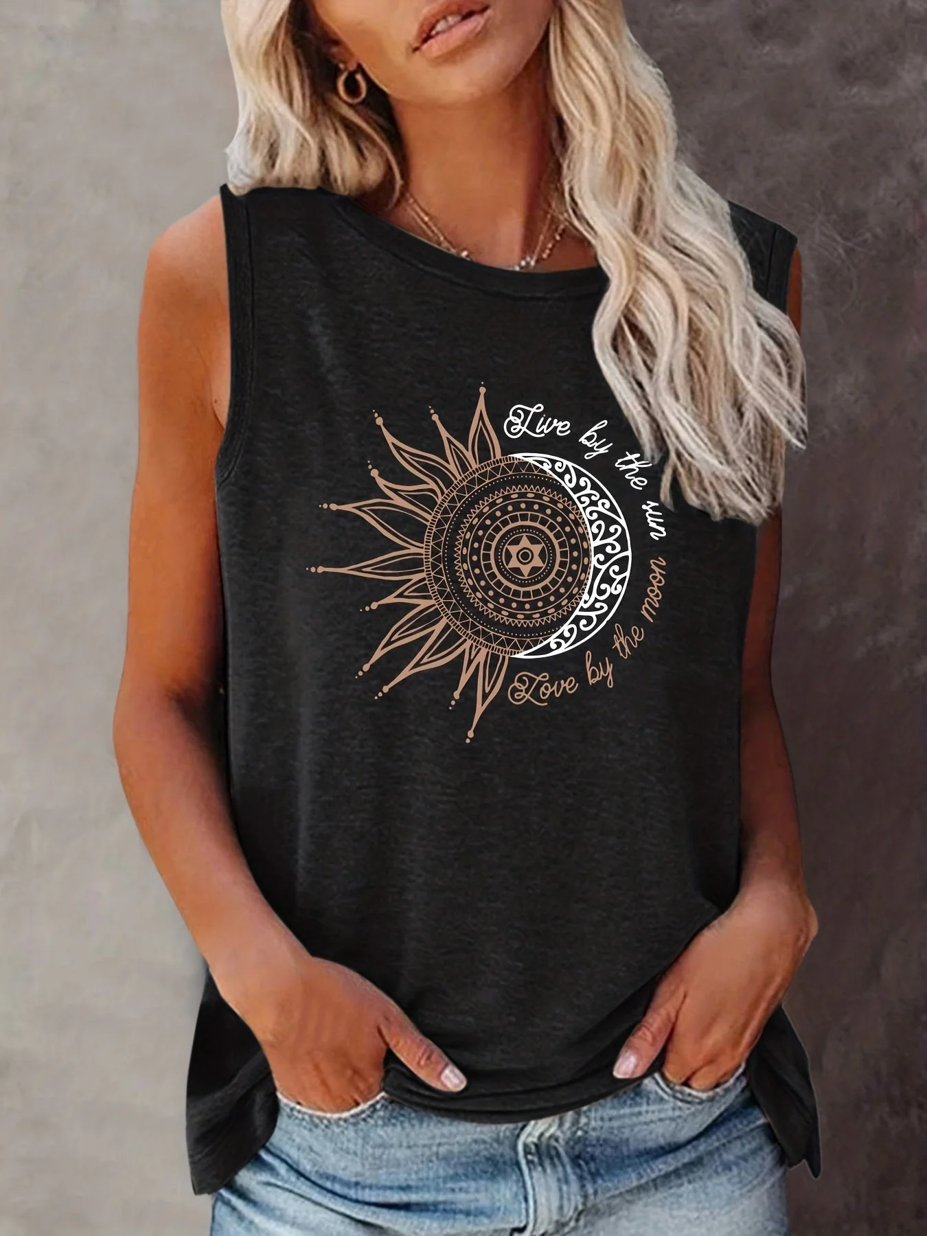 Damen Tanktop Boho-Stil mit Sonne und Mond Print – Sommer Freizeitshirt - Image 4