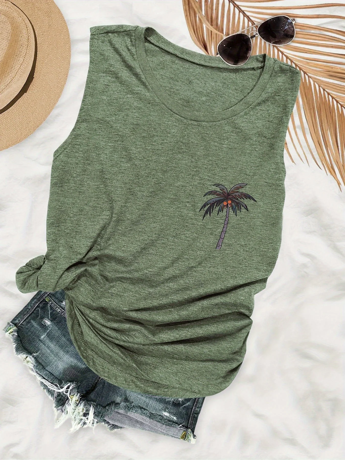 Damen Tanktop im Urlaubsstil mit Palmen-Print – Perfekt für den Sommer und Freizeit
