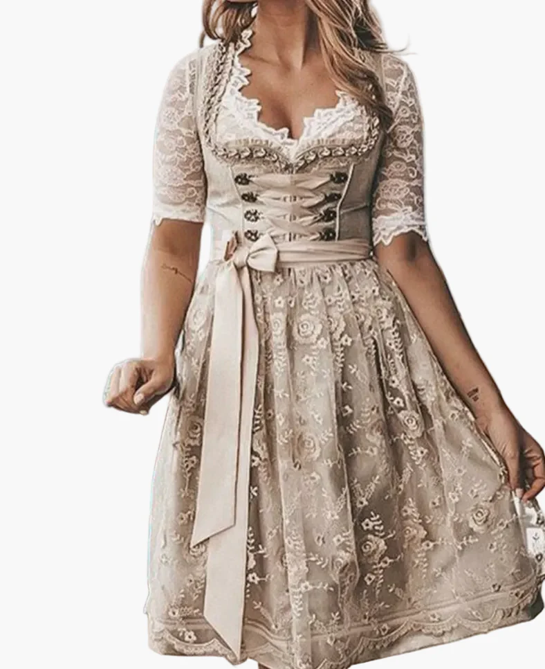 Damen Trachten-Dirndlkleid mit Spitzenbluse – Traditionelles Oktoberfest- und Volksfest-Kleid im femininen Stil