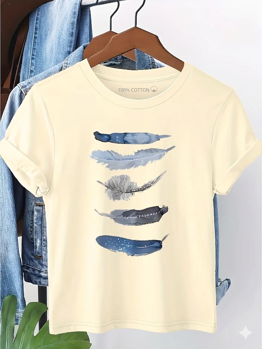 Damen T-Shirt mit künstlerischem Feder-Print, lässiges Design für Alltag und Freizeit