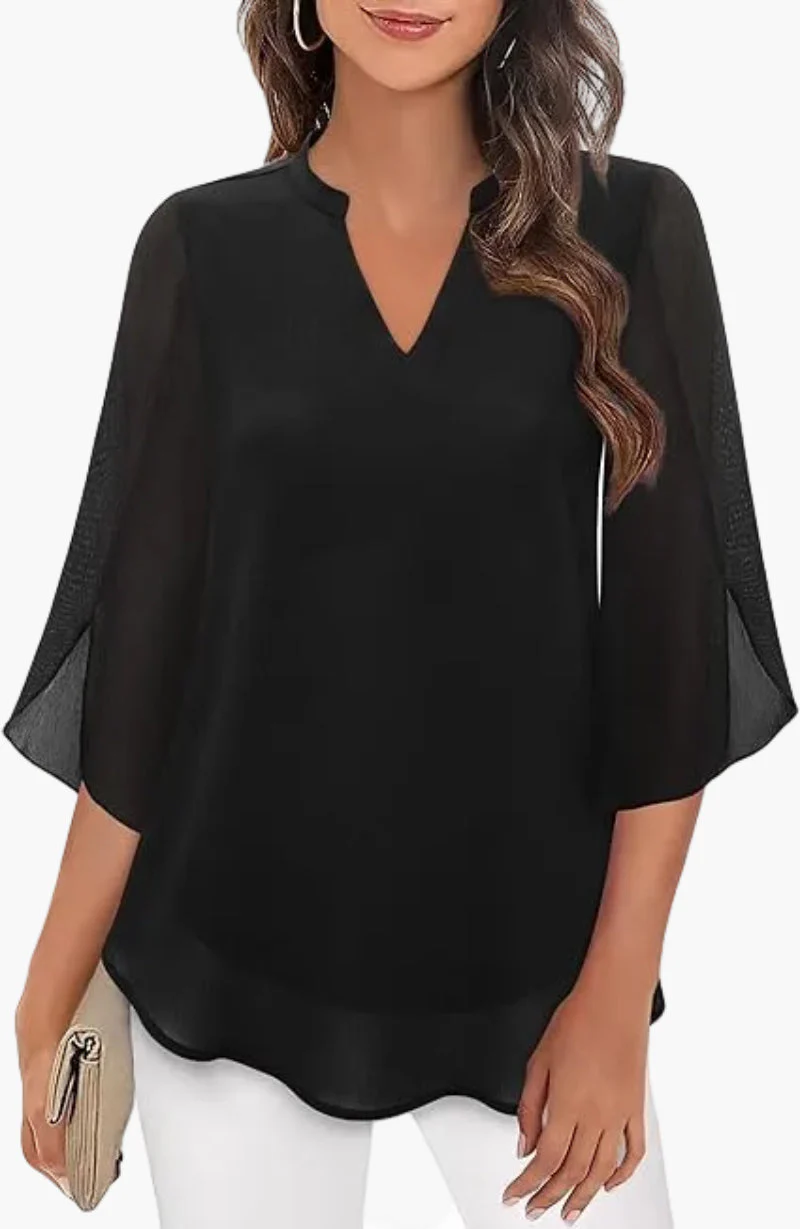 Damen Tunika Bluse mit 3/4-Ärmeln – Eleganter V-Ausschnitt, Modischer Stil für Alltag & Büro