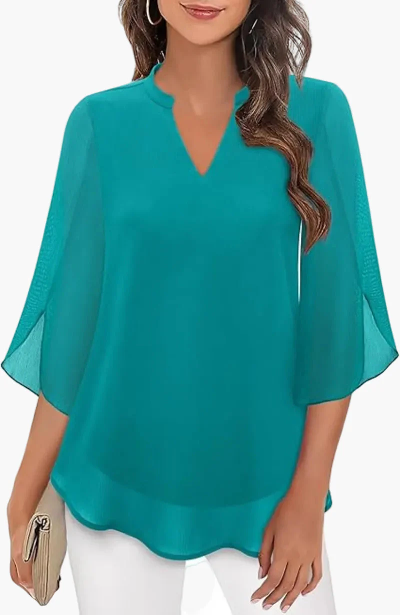 Damen Tunika Bluse mit 3/4-Ärmeln – Eleganter V-Ausschnitt, Modischer Stil für Alltag & Büro - Image 3