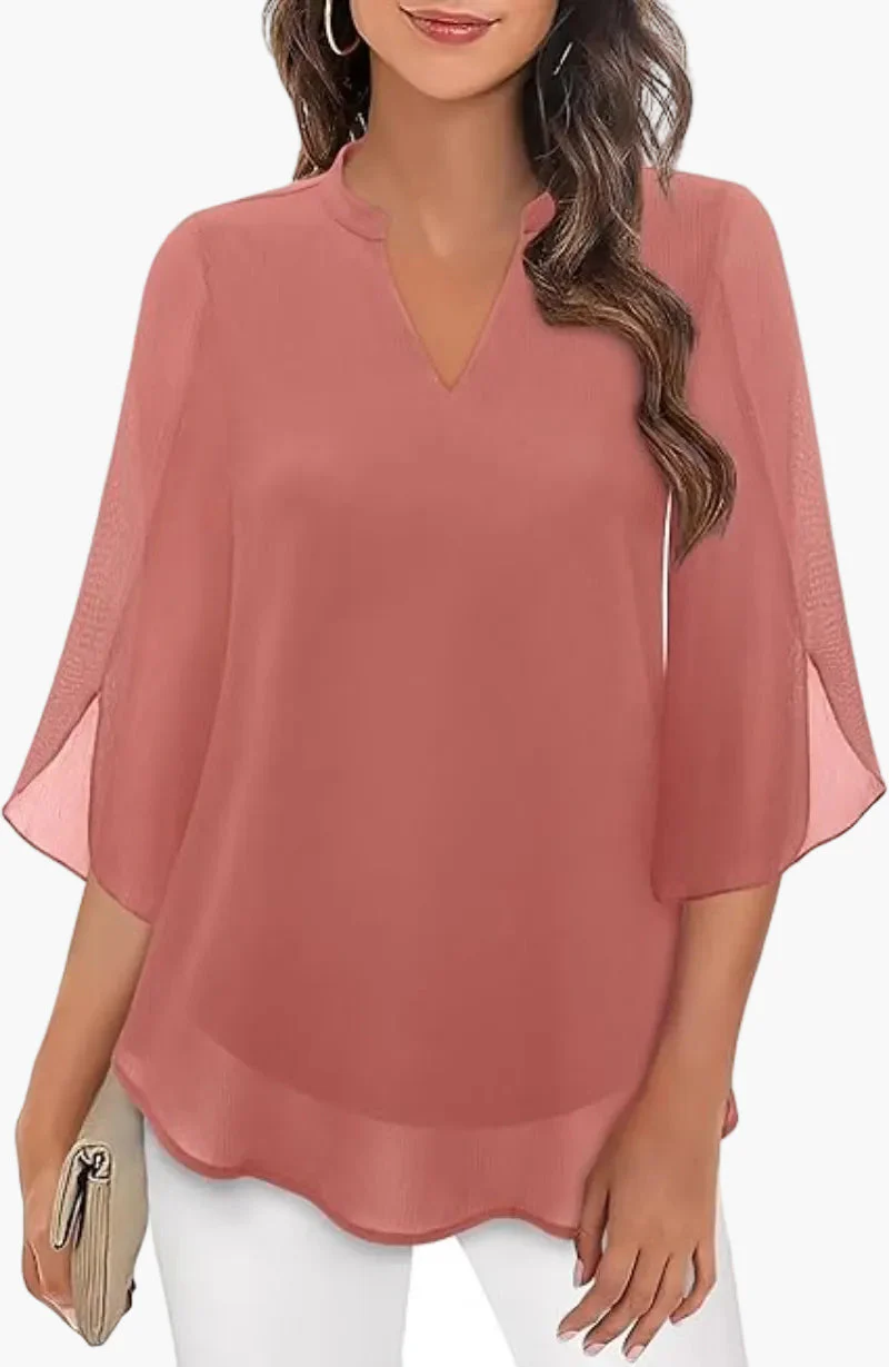Damen Tunika Bluse mit 3/4-Ärmeln – Eleganter V-Ausschnitt, Modischer Stil für Alltag & Büro - Image 5