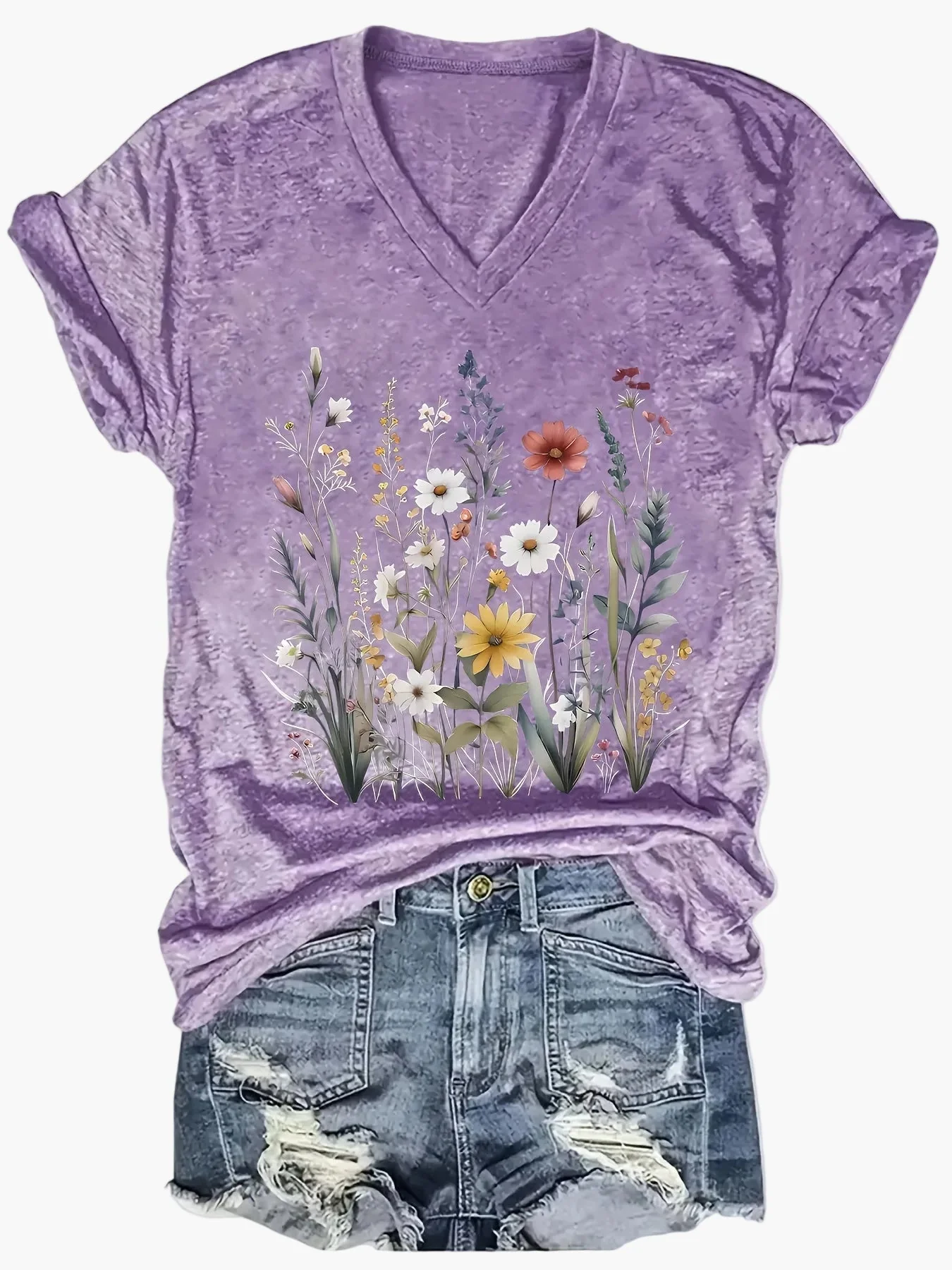 Damen V-Ausschnitt T-Shirt mit Blumenmuster – Lässiger Sommerstyle für Alltag & Freizeit - Image 2