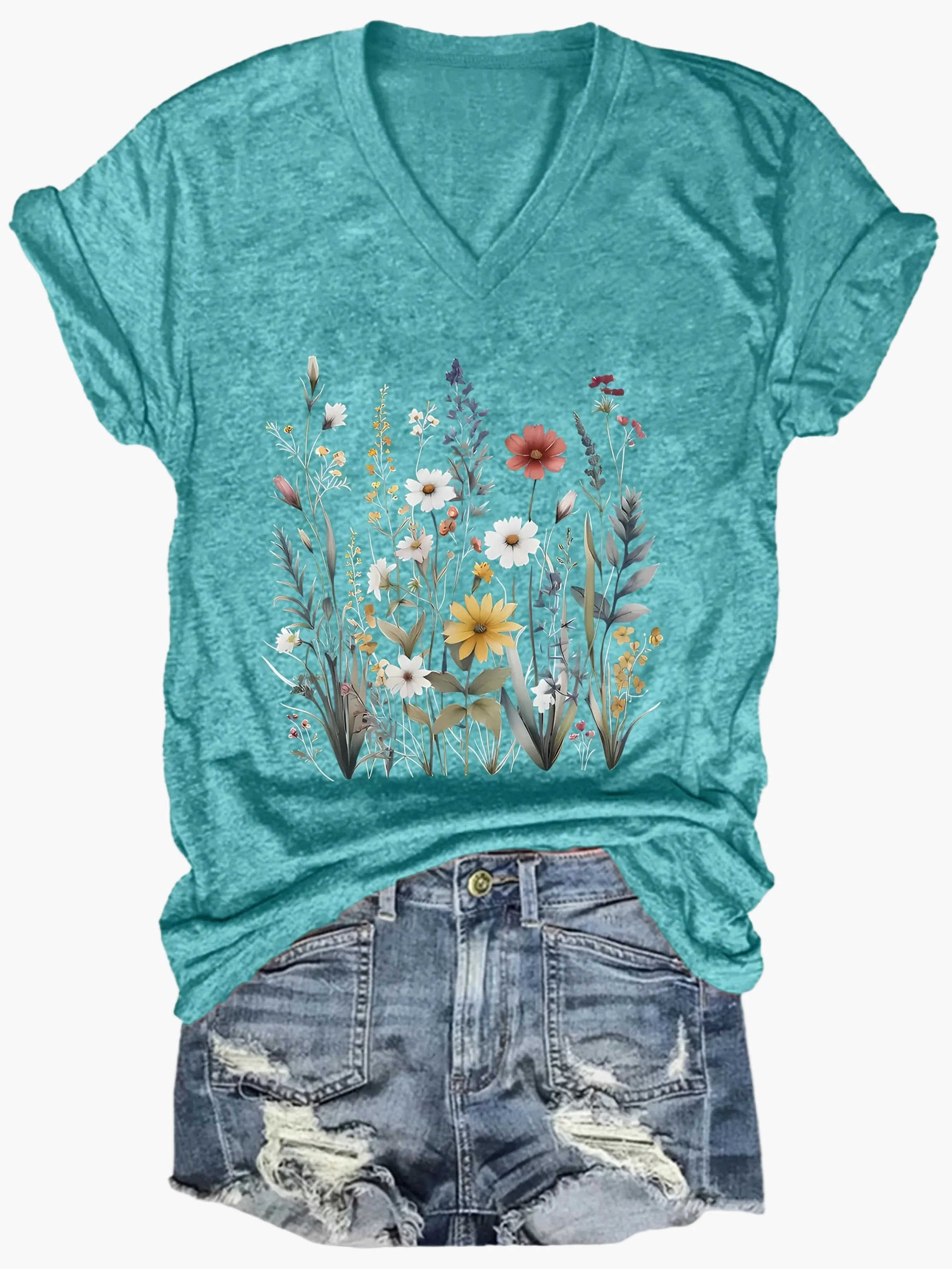 Damen V-Ausschnitt T-Shirt mit Blumenmuster – Lässiger Sommerstyle für Alltag & Freizeit - Image 3