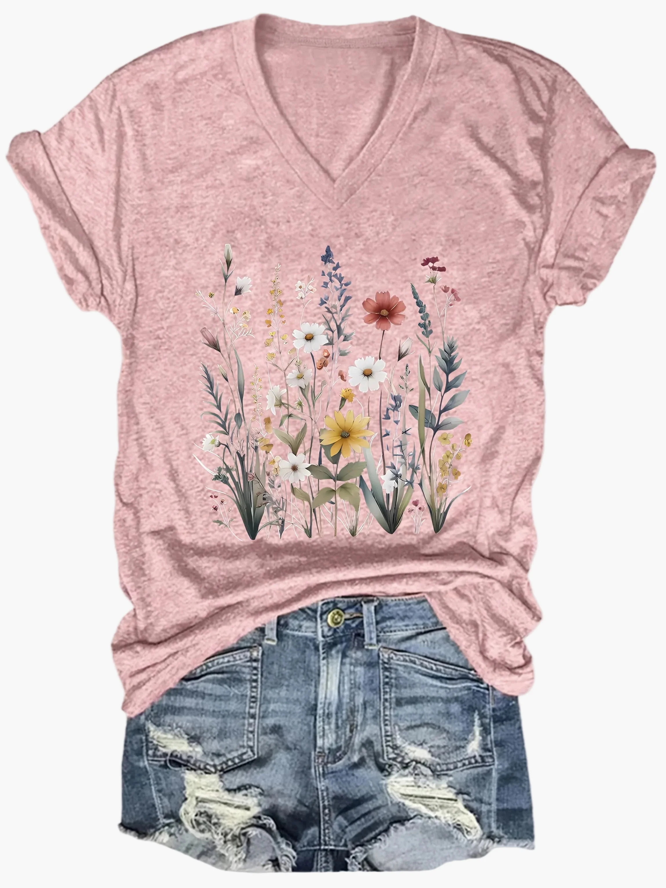 Damen V-Ausschnitt T-Shirt mit Blumenmuster – Lässiger Sommerstyle für Alltag & Freizeit - Image 4