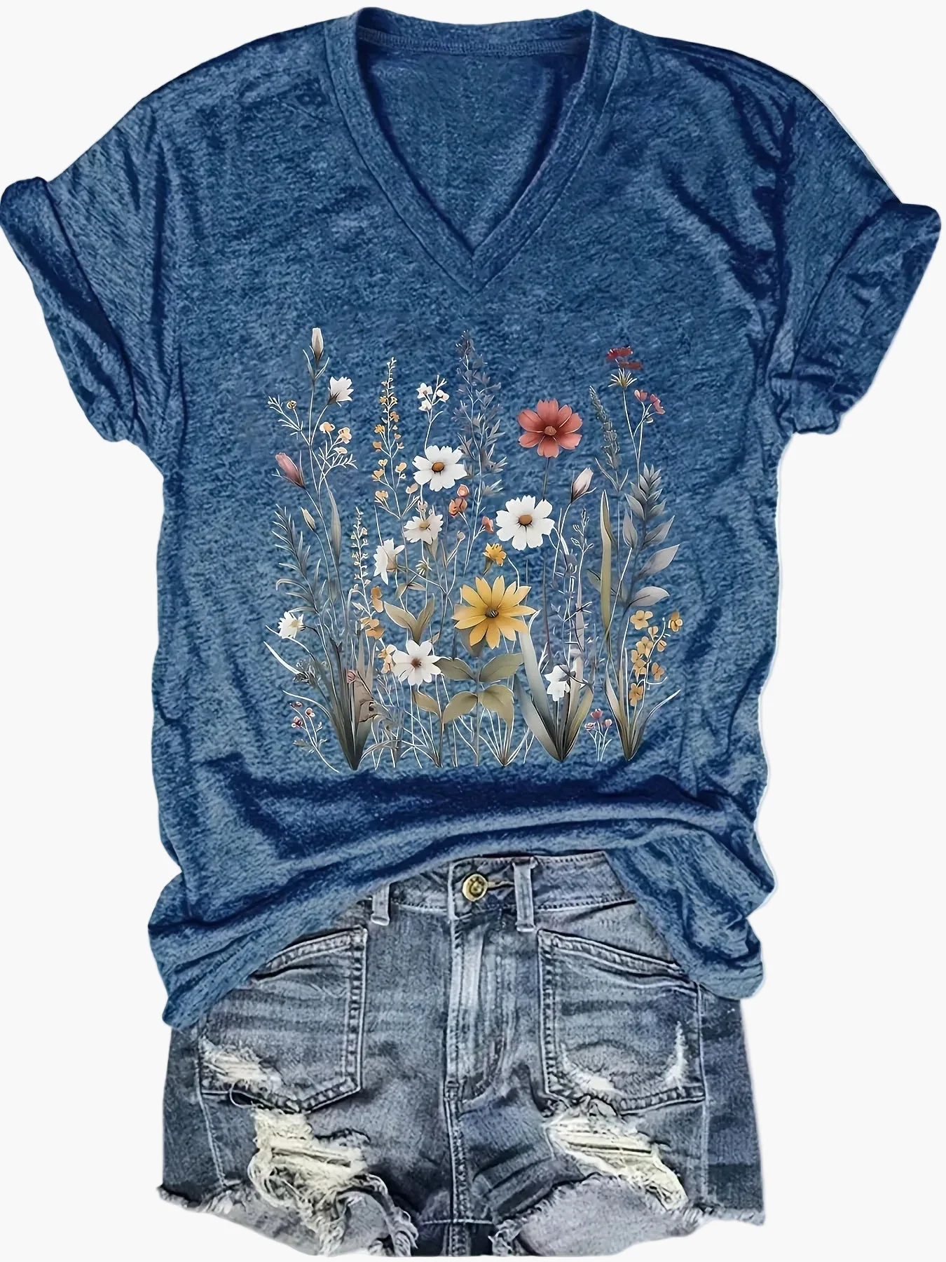 Damen V-Ausschnitt T-Shirt mit Blumenmuster – Lässiger Sommerstyle für Alltag & Freizeit - Image 5