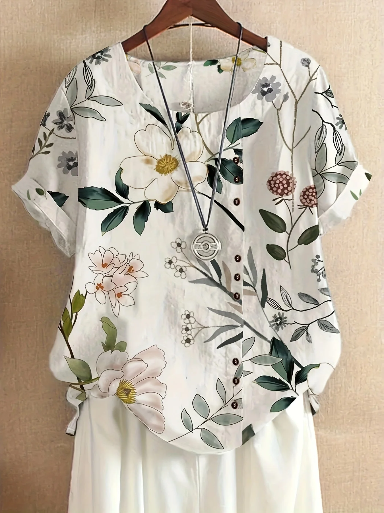 Damen Vintage Bluse mit Blumenmuster und Knopfleiste – Sommer Freizeitshirt