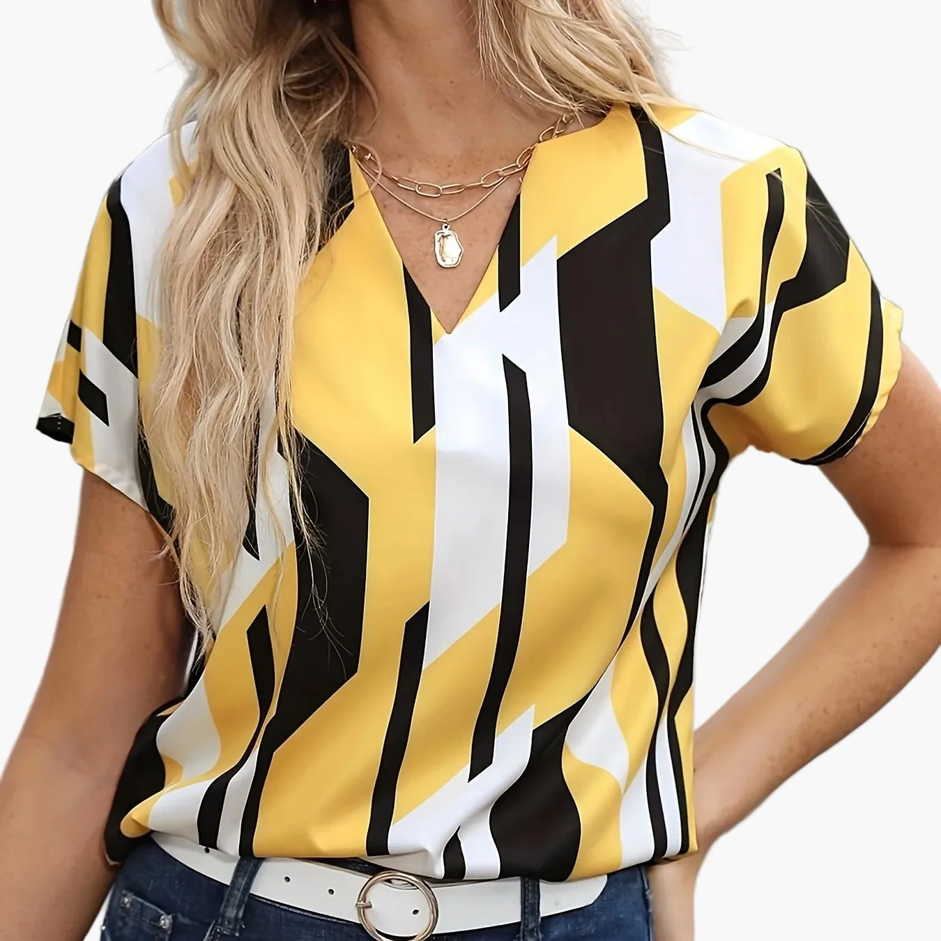 Damen Vintage Bluse mit geometrischem Muster und V-Ausschnitt – Modische Sommerbluse für Alltag und Büro - Image 11
