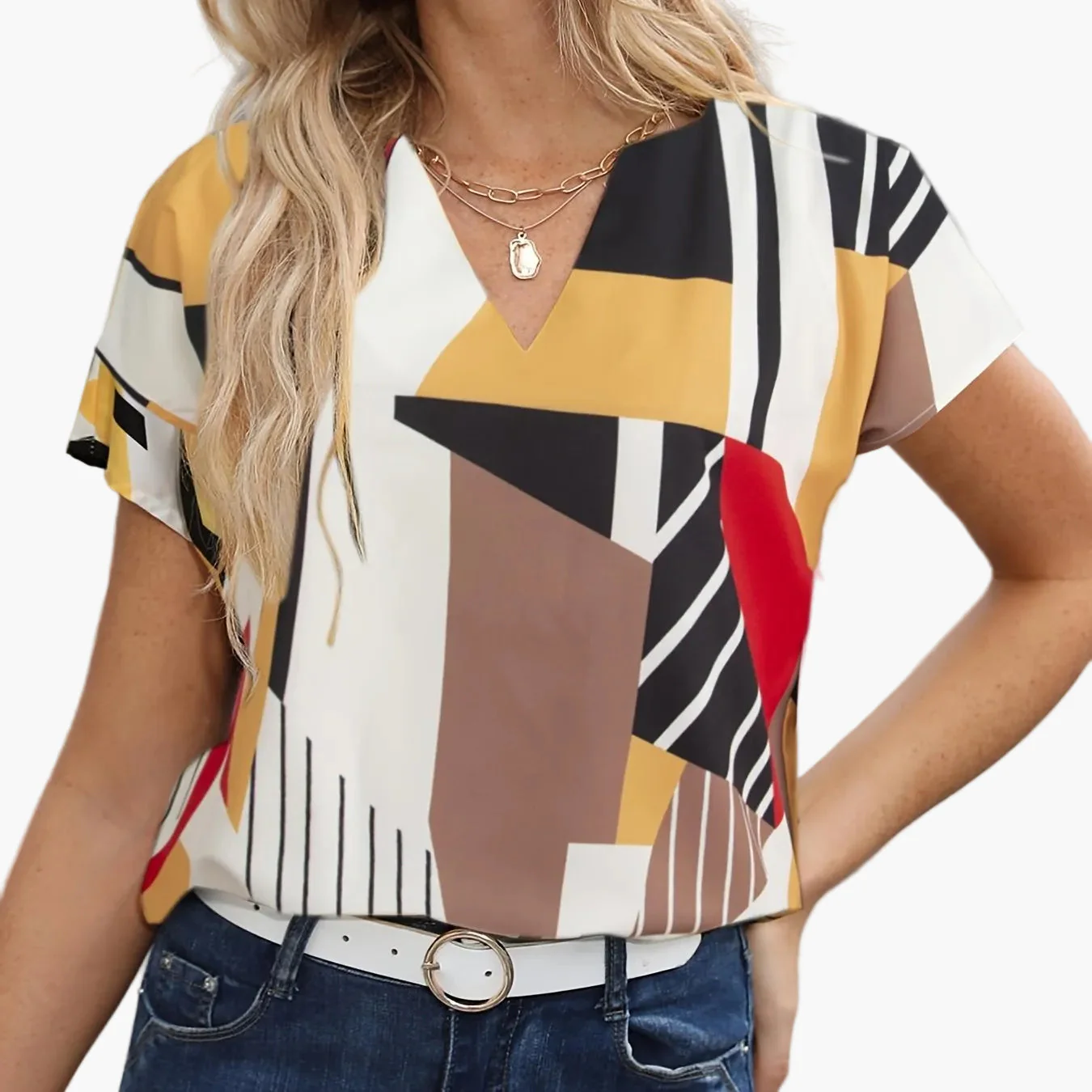 Damen Vintage Bluse mit geometrischem Muster und V-Ausschnitt – Modische Sommerbluse für Alltag und Büro - Image 18