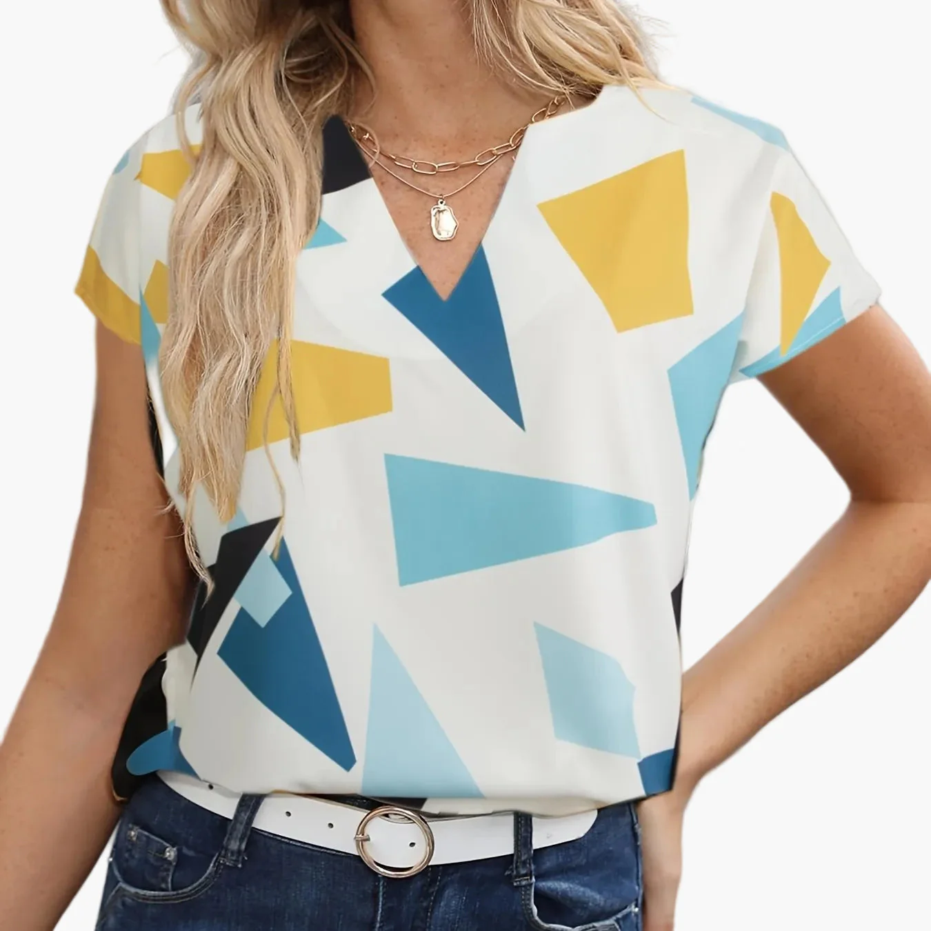 Damen Vintage Bluse mit geometrischem Muster und V-Ausschnitt – Modische Sommerbluse für Alltag und Büro - Image 19