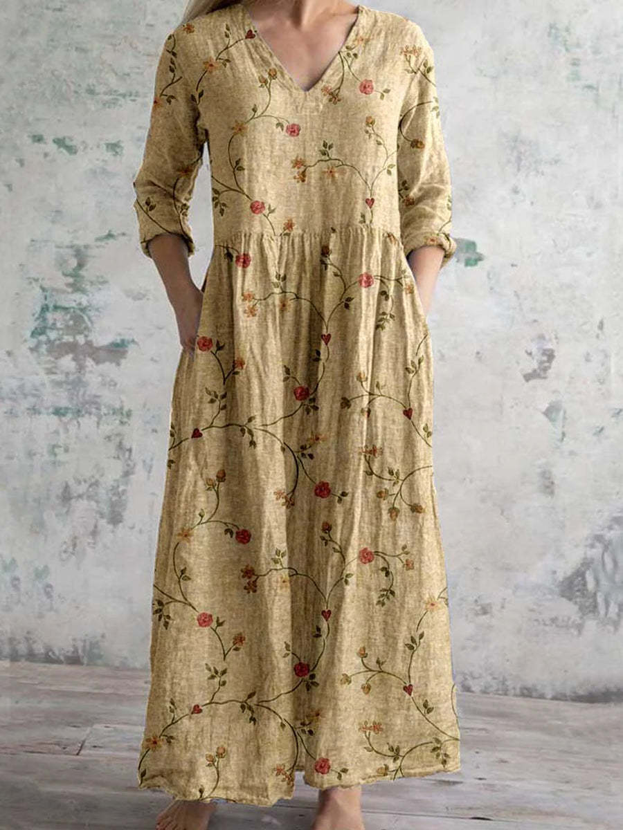 Damen Vintage Boho Maxikleid mit Blumenmuster und 3/4-Ärmeln – Lässiges Alltagskleid mit V-Ausschnitt und Taschen - Image 2