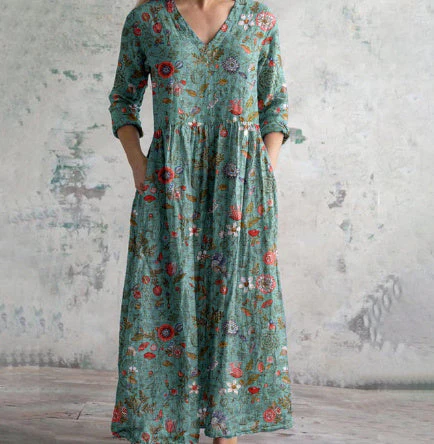 Damen Vintage Boho Maxikleid mit Blumenmuster und 3/4-Ärmeln – Lässiges Alltagskleid mit V-Ausschnitt und Taschen - Image 3