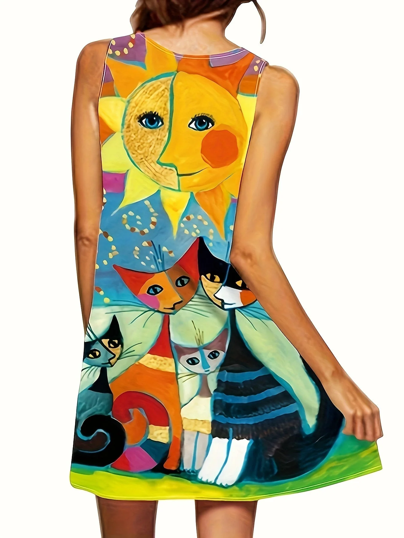 Damen Vintage Freizeitkleid mit künstlerischem Katzen- und Sonnenmotiv, ärmellos, locker geschnitten - Image 2