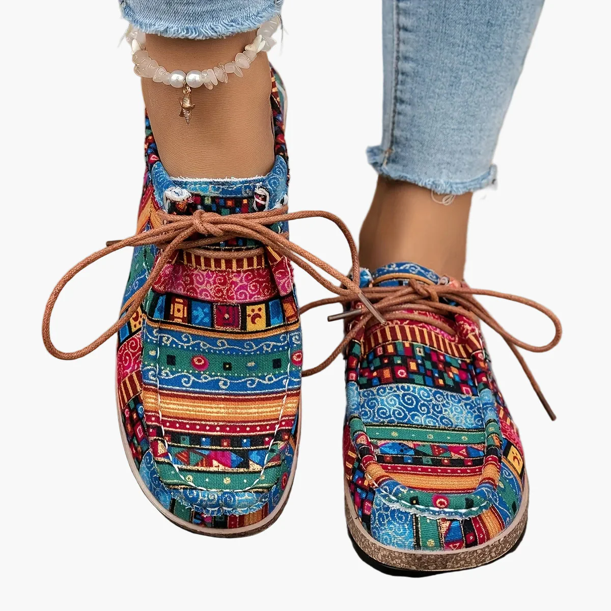 Damen Vintage Freizeitschuhe mit buntem Ethno-Muster und Schnürung – Modische Penny Loafer für Alltag & Reisen