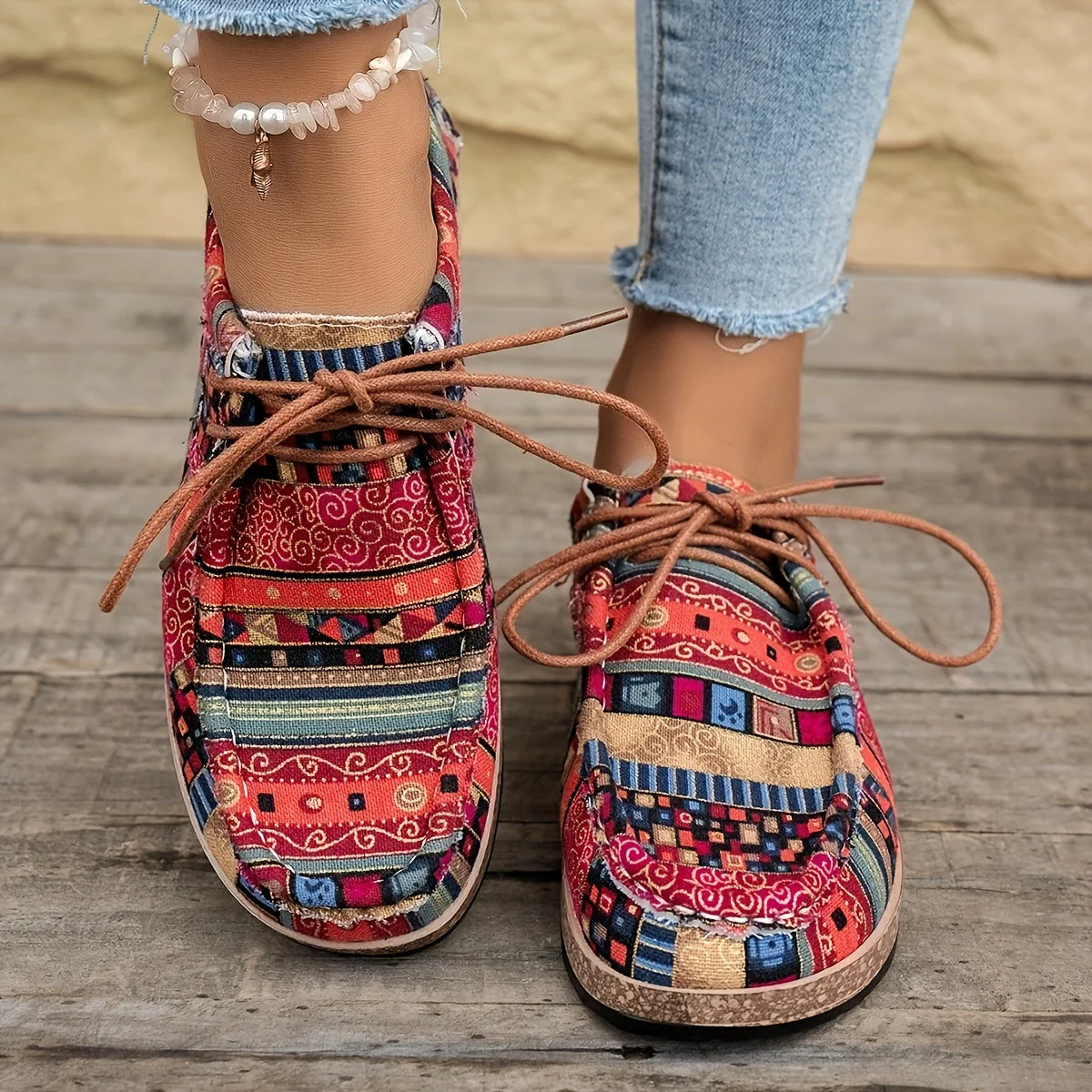 Damen Vintage Freizeitschuhe mit buntem Ethno-Muster und Schnürung – Modische Penny Loafer für Alltag & Reisen - Image 10
