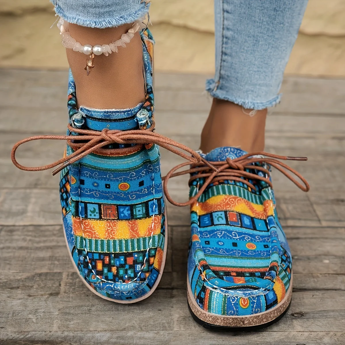 Damen Vintage Freizeitschuhe mit buntem Ethno-Muster und Schnürung – Modische Penny Loafer für Alltag & Reisen - Image 12