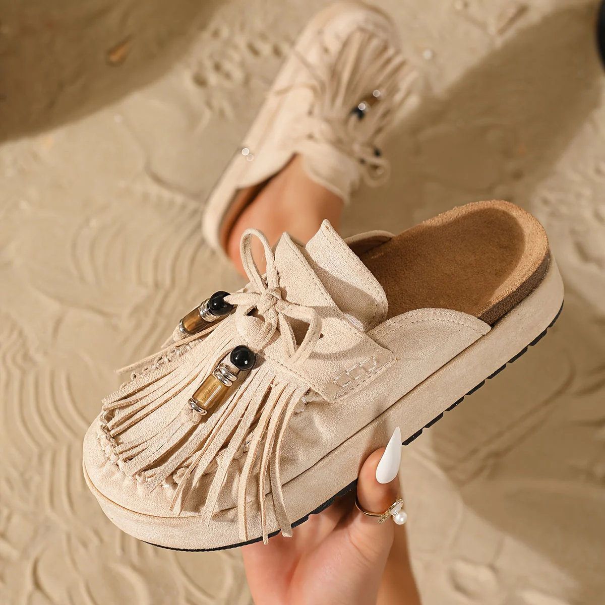Damen Vintage Mokassin-Pantoletten mit Fransen und Perlen für Sommer