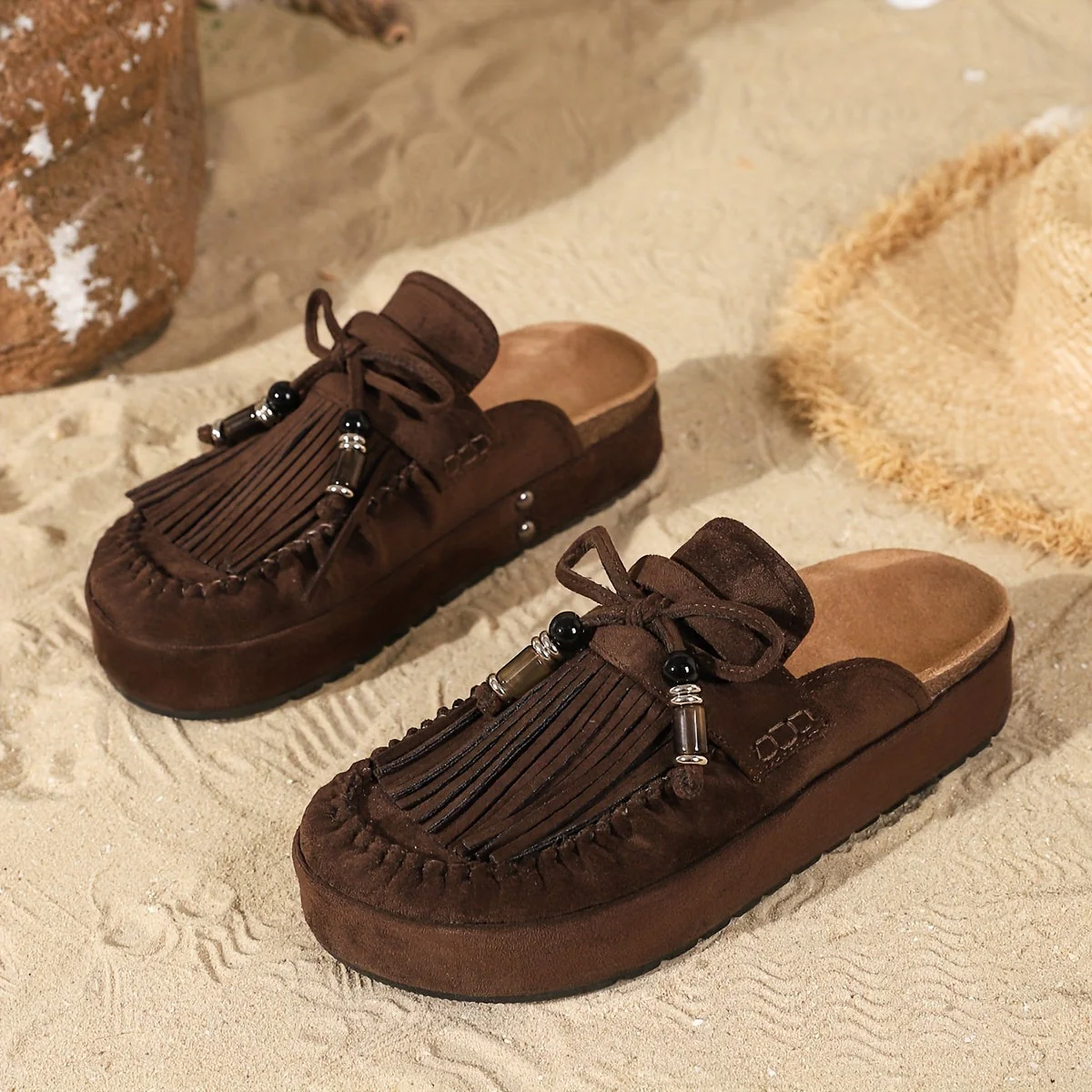 Damen Vintage Mokassin-Pantoletten mit Fransen und Perlen für Sommer - Image 5