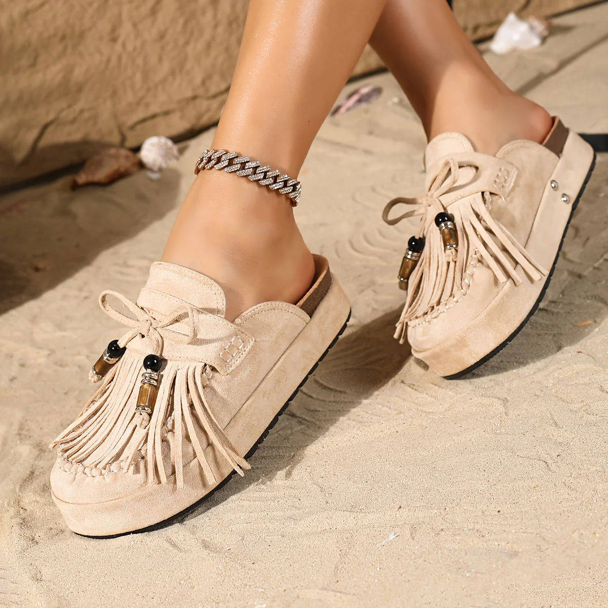 Damen Vintage Mokassin-Pantoletten mit Fransen und Perlen für Sommer - Image 9