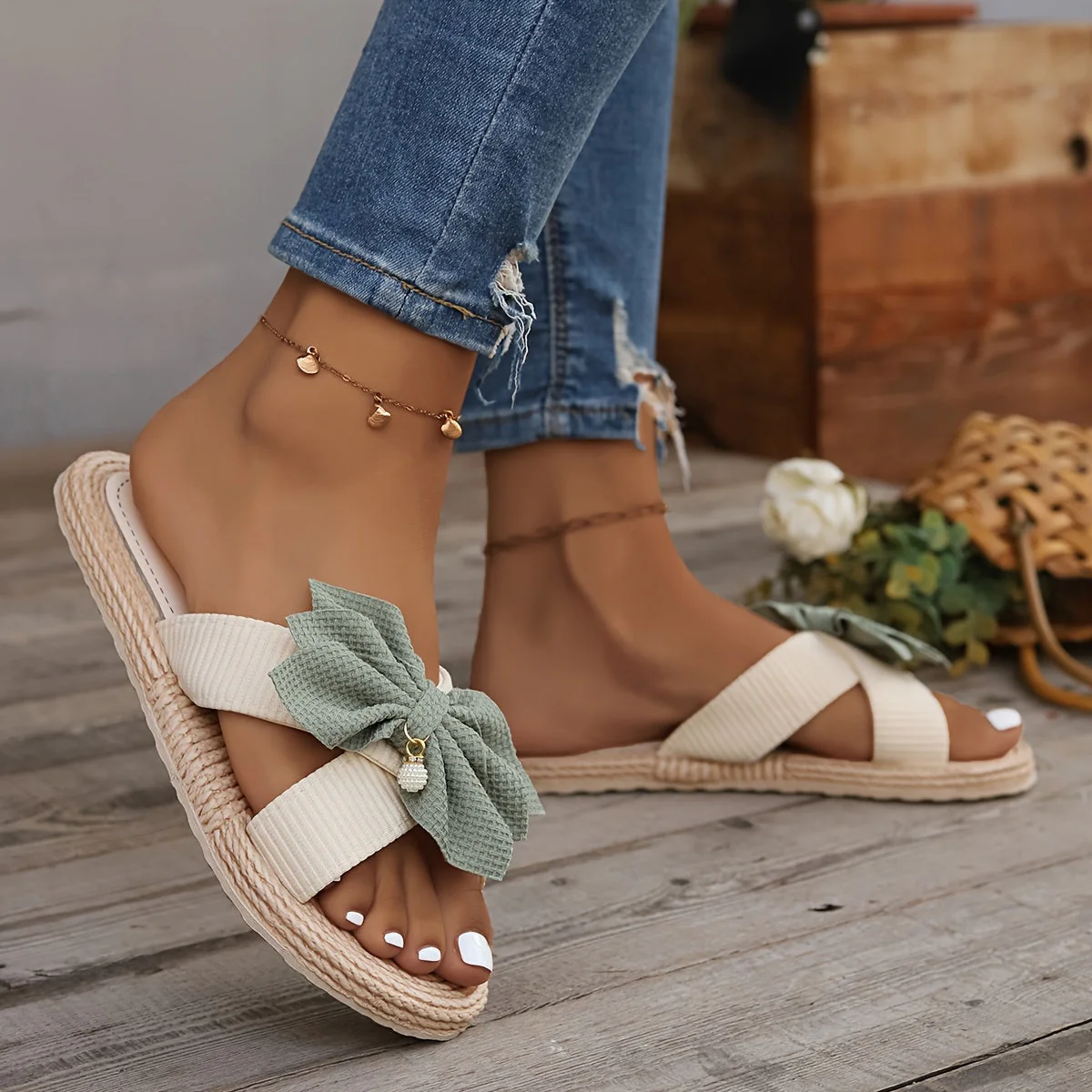 Damen Vintage Sommerschlappen mit großer Schleife und Zehenriemen – Bequeme Freizeitsandalen - Image 2