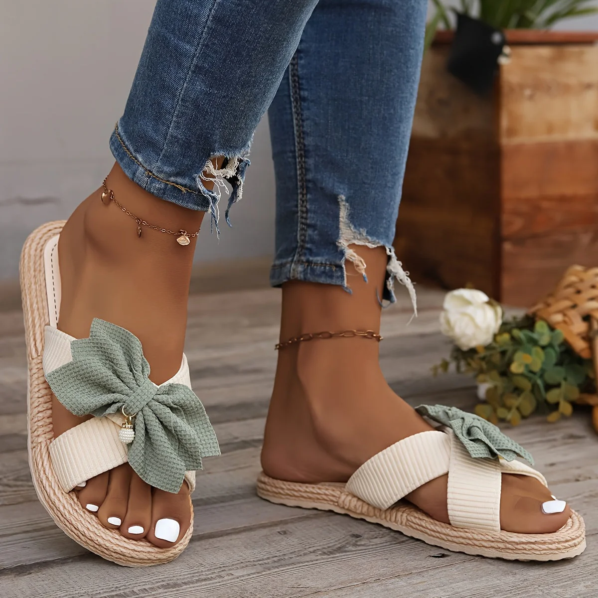 Damen Vintage Sommerschlappen mit großer Schleife und Zehenriemen – Bequeme Freizeitsandalen - Image 3