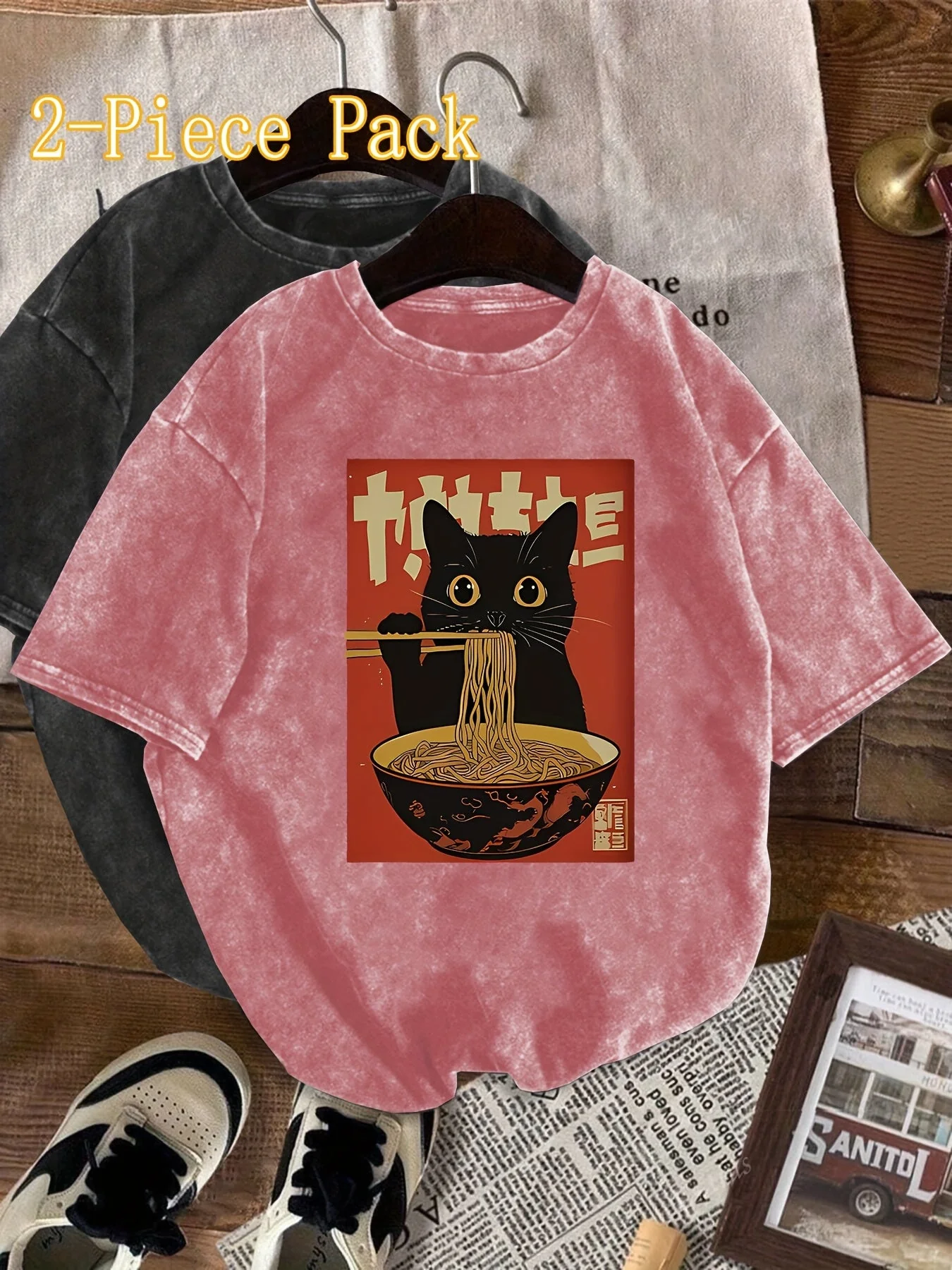 Damen Vintage T-Shirt mit Katzen- und Ramen-Print – Lustiges Grafikshirt für Freizeit und Streetwear - Image 7