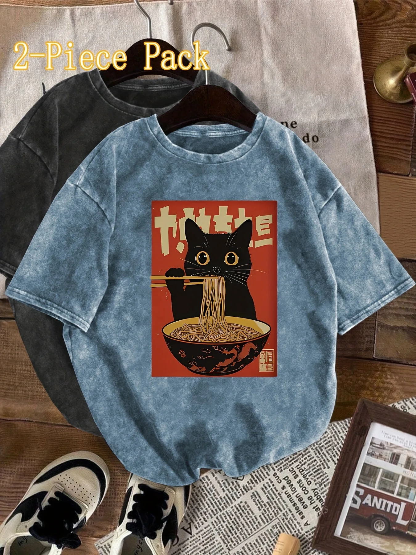 Damen Vintage T-Shirt mit Katzen- und Ramen-Print – Lustiges Grafikshirt für Freizeit und Streetwear - Image 8