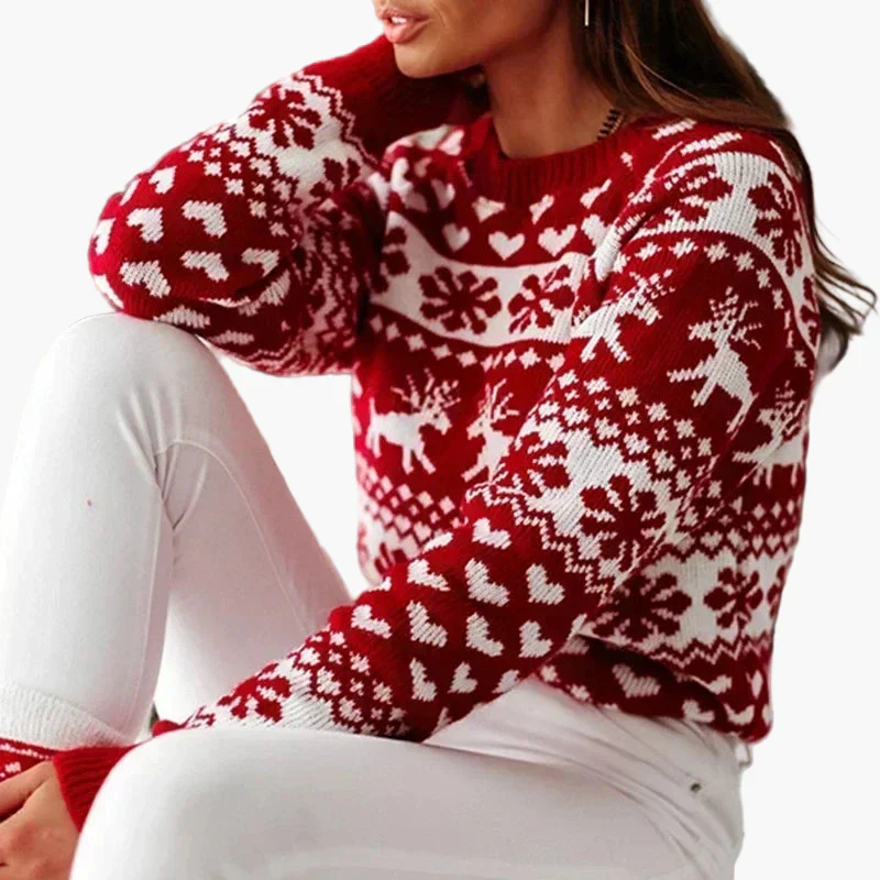 Damen Weihnachtlicher Norwegerpullover mit Rentier- und Herzmuster – Perfekt für festliche Anlässe