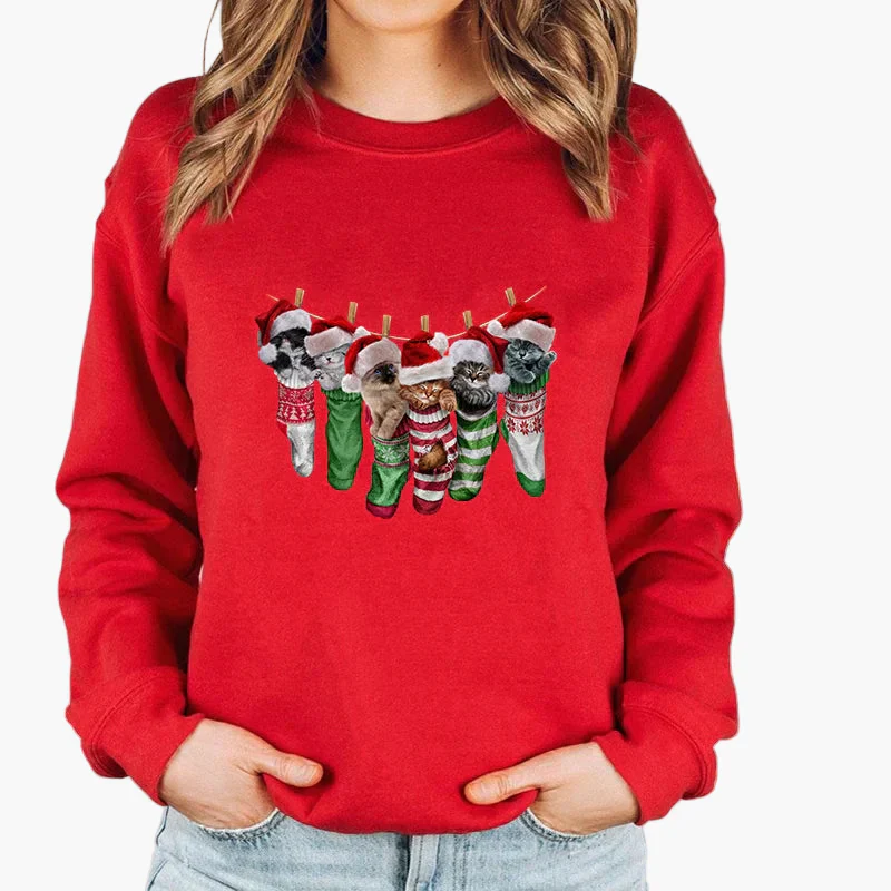 Damen Weihnachtspullover mit Katze, Weihnachtsmütze und Lichterkette – Lustiger Winter-Sweater für Frauen - Image 2