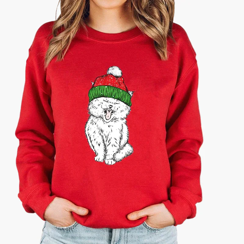 Damen Weihnachtspullover mit Katze, Weihnachtsmütze und Lichterkette – Lustiger Winter-Sweater für Frauen - Image 5