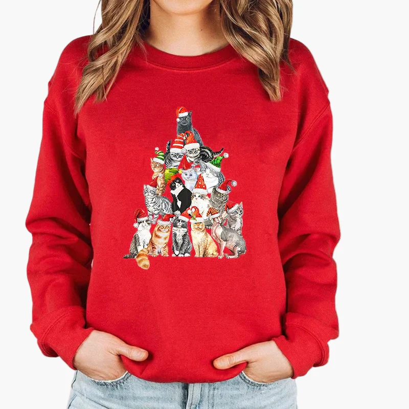 Damen Weihnachtspullover mit Katze, Weihnachtsmütze und Lichterkette – Lustiger Winter-Sweater für Frauen - Image 6