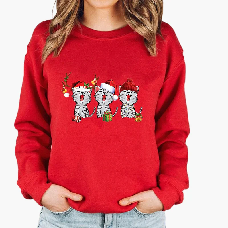 Damen Weihnachtspullover mit Katze, Weihnachtsmütze und Lichterkette – Lustiger Winter-Sweater für Frauen - Image 7