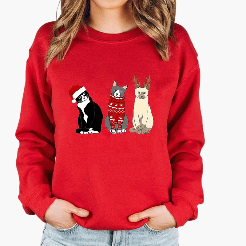 Damen Weihnachtspullover mit Katze, Weihnachtsmütze und Lichterkette – Lustiger Winter-Sweater für Frauen - Image 8