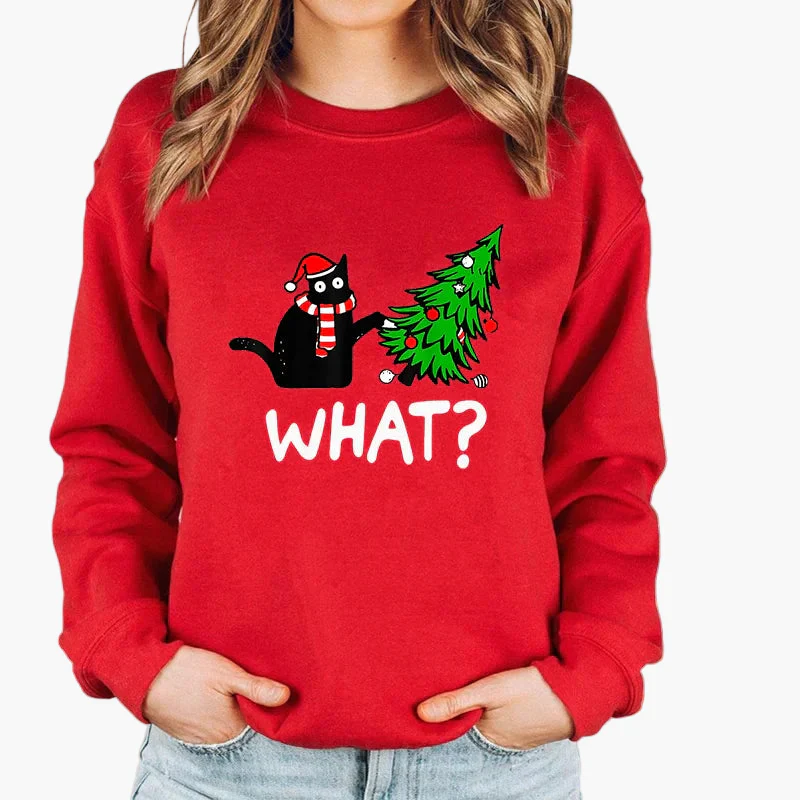 Damen Weihnachtspullover mit Katze, Weihnachtsmütze und Lichterkette – Lustiger Winter-Sweater für Frauen - Image 9