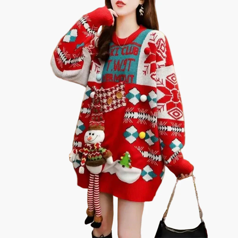 Damen Weihnachtspullover Kleid Ugly Christmas Sweater mit Schneemann 3D Applikation – Lustiger Oversize Winterpulli für Feiertage & Partys