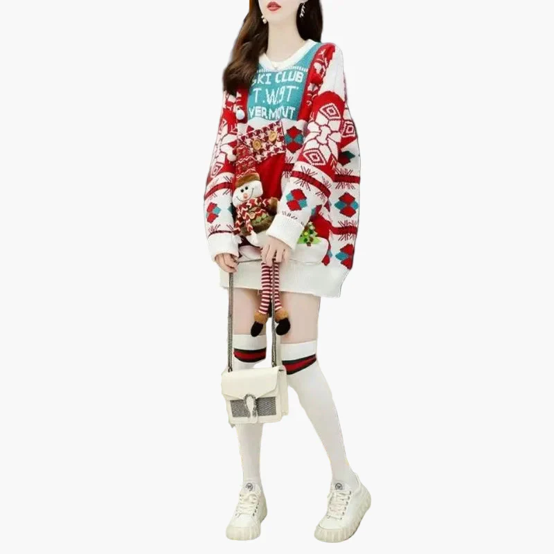 Damen Weihnachtspullover Kleid Ugly Christmas Sweater mit Schneemann 3D Applikation – Lustiger Oversize Winterpulli für Feiertage & Partys - Image 3