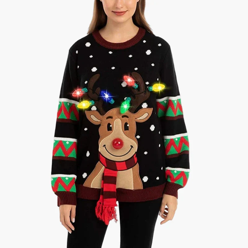 Damen Weihnachts-Pullover mit Rentier und LED-Lichtern – Lustiger Festlicher Strickpullover für Party & Alltag - Image 2