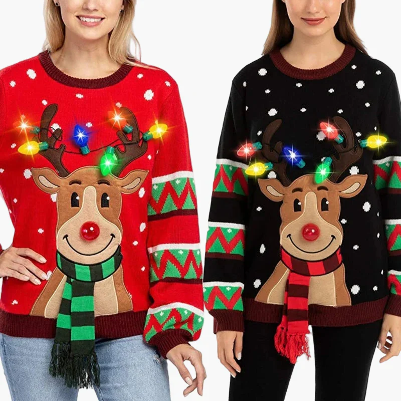 Damen Weihnachts-Pullover mit Rentier und LED-Lichtern – Lustiger Festlicher Strickpullover für Party & Alltag - Image 3