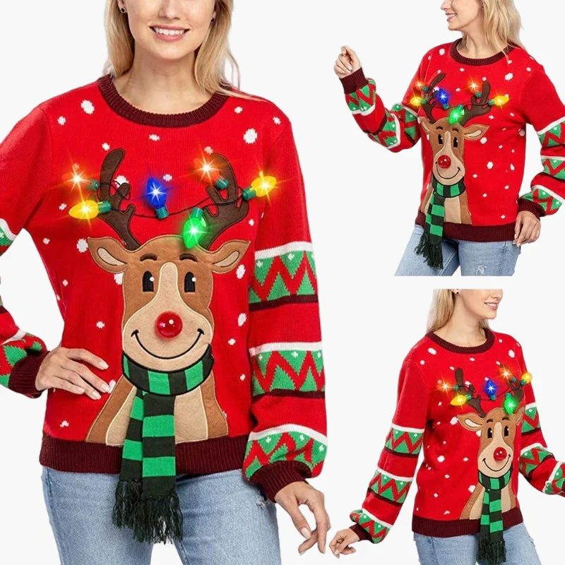Damen Weihnachts-Pullover mit Rentier und LED-Lichtern – Lustiger Festlicher Strickpullover für Party & Alltag - Image 4