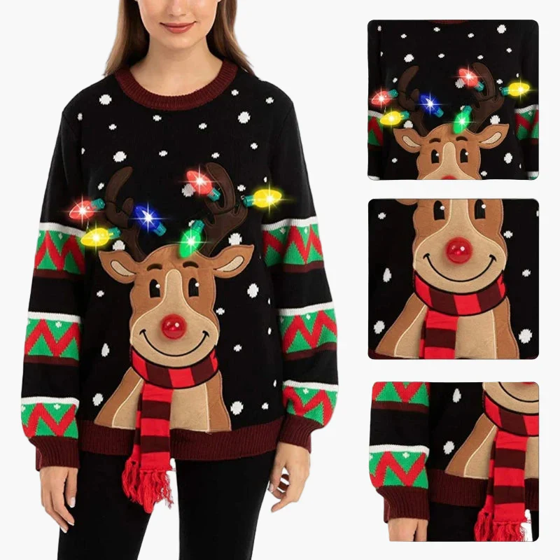 Damen Weihnachts-Pullover mit Rentier und LED-Lichtern – Lustiger Festlicher Strickpullover für Party & Alltag - Image 5