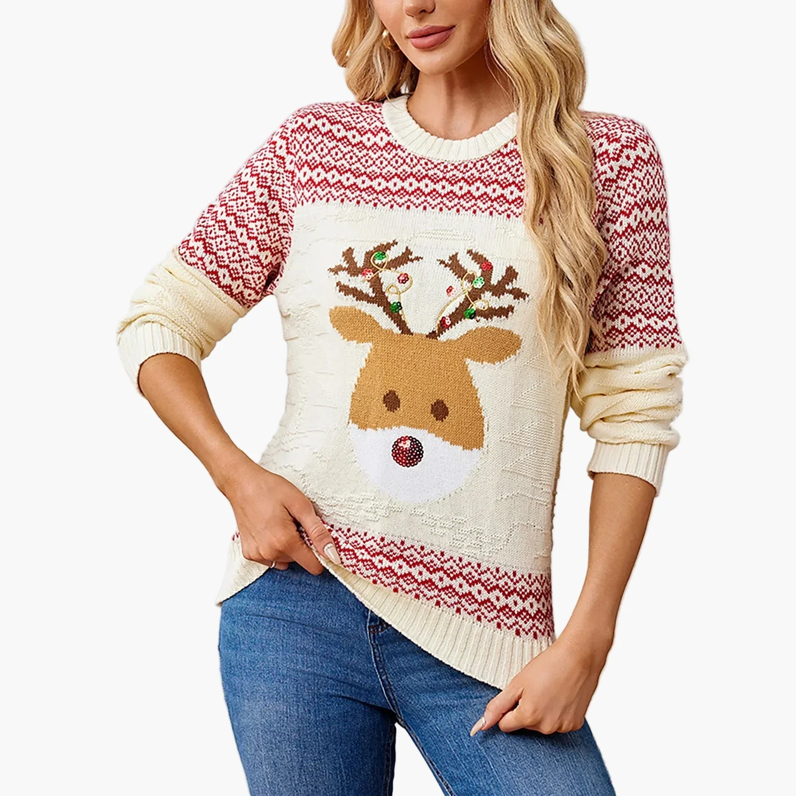 Damen Weihnachtspullover Rundhals Langarm Winter Festlich Norwegerstil - Image 2