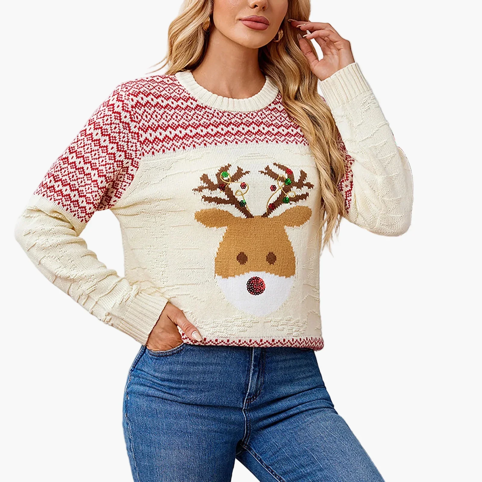 Damen Weihnachtspullover Rundhals Langarm Winter Festlich Norwegerstil - Image 3