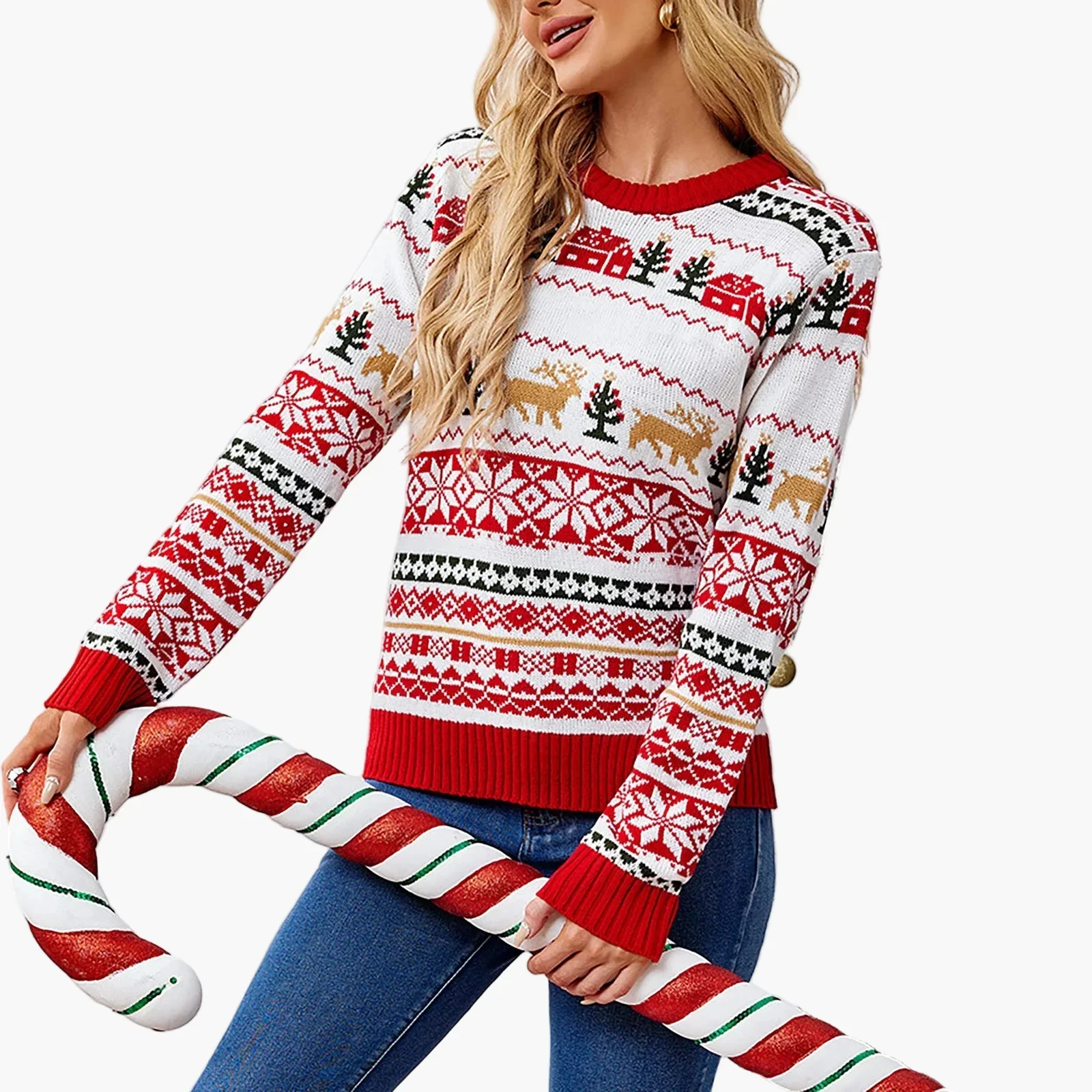 Damen Weihnachtspullover Rundhals Langarm Winter Festlich Norwegerstil - Image 4