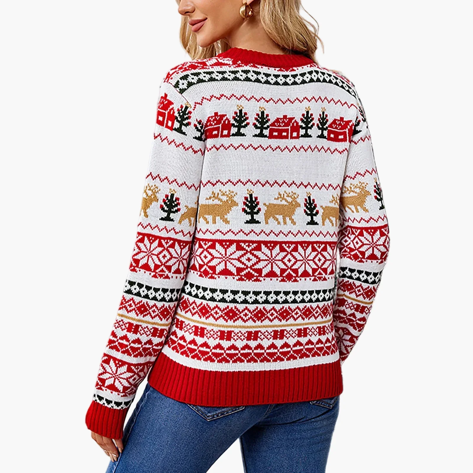 Damen Weihnachtspullover Rundhals Langarm Winter Festlich Norwegerstil - Image 5