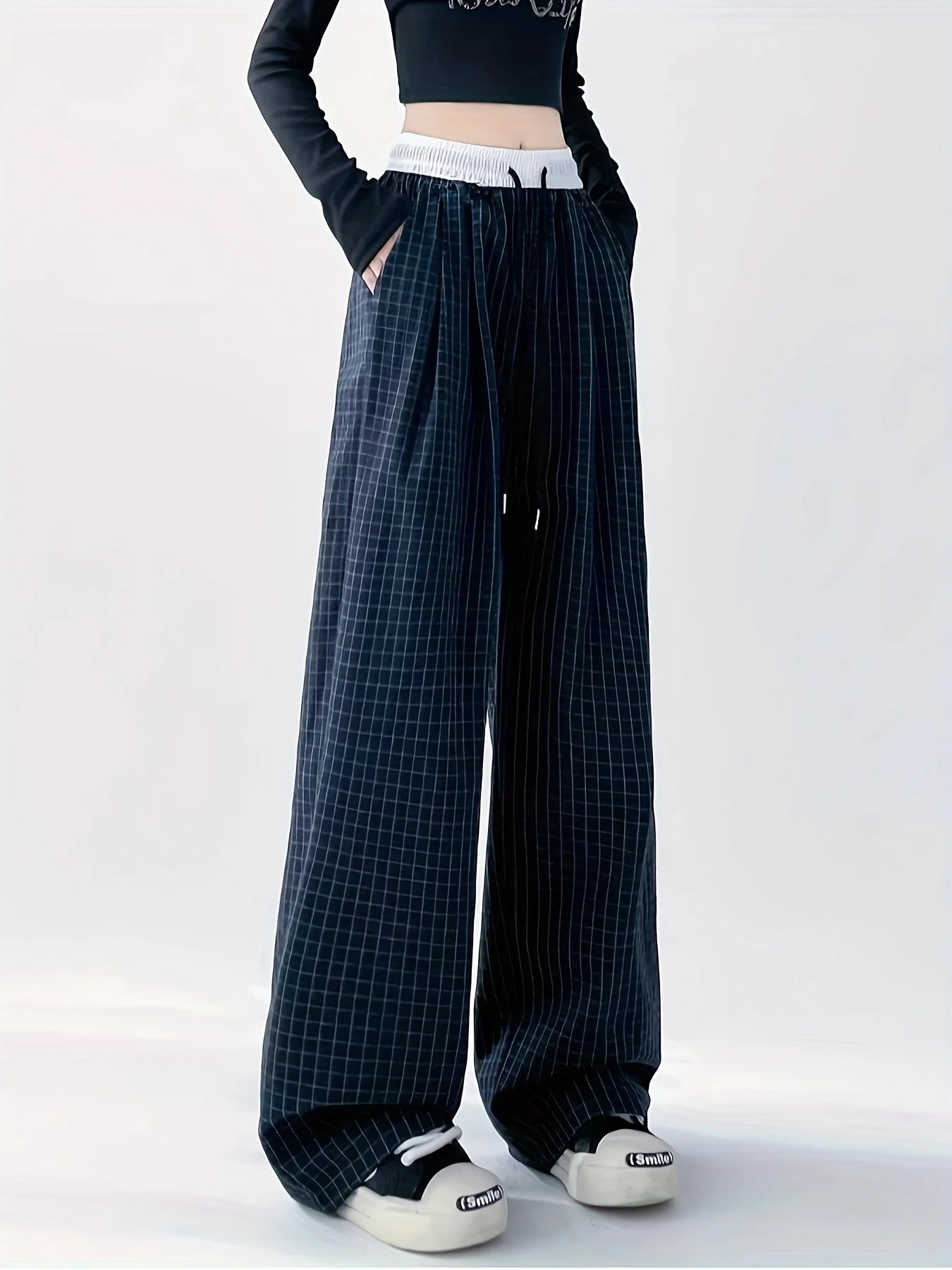 Damen Weit Bein Hose mit Karomuster für Freizeit und Streetwear