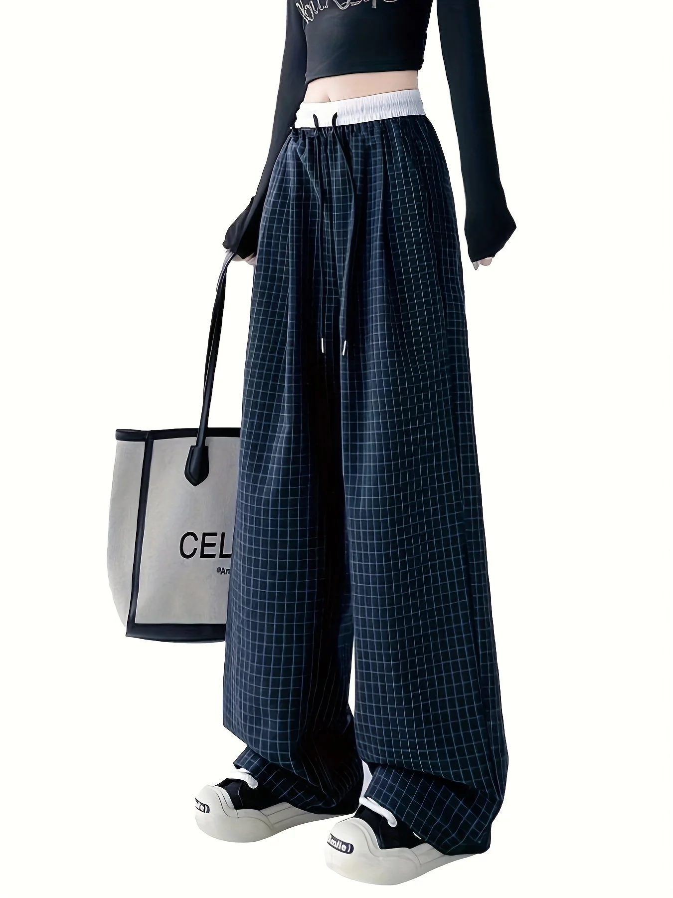Damen Weit Bein Hose mit Karomuster für Freizeit und Streetwear - Image 5